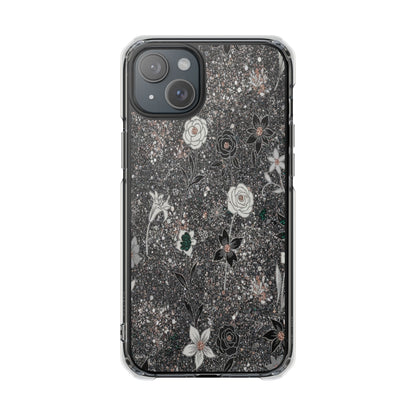 Clear Floral Glitter Magnetic Phone Case — Protective Impact Case with Rose & Daisy Design
