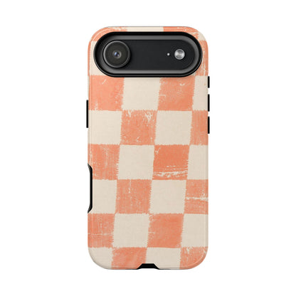 Peach Checkerboard Tough Phone Case — Retro Distressed Grid Design