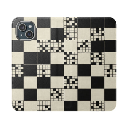 Checkerboard Flip Phone Case – Retro Black & Cream Geometric Wallet Case