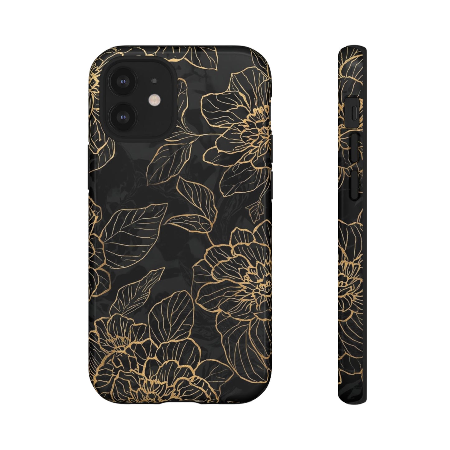 Floral Gold Outline Tough Phone Case – Black Botanical Protective Cover
