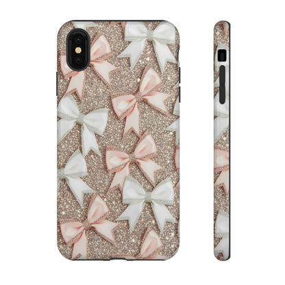 Glitter Bow Tough Phone Case — Pink & White Ribbon Protective Cover