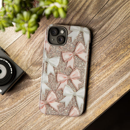 Glitter Bow Tough Phone Case — Pink & White Ribbon Protective Cover