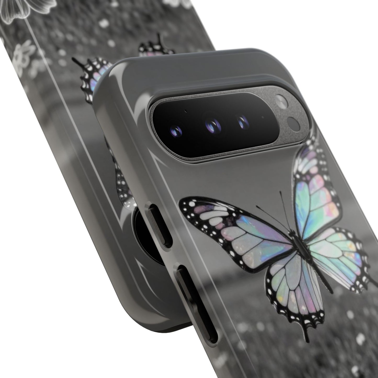 Butterfly Field Tough Phone Case — Pastel Holographic Butterfly on Black & White Floral Background
