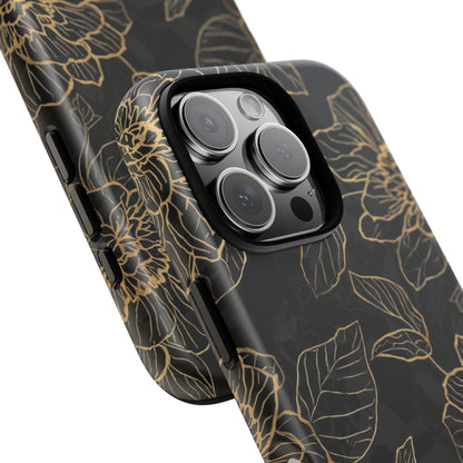 Floral Gold Outline Tough Phone Case – Black Botanical Protective Cover