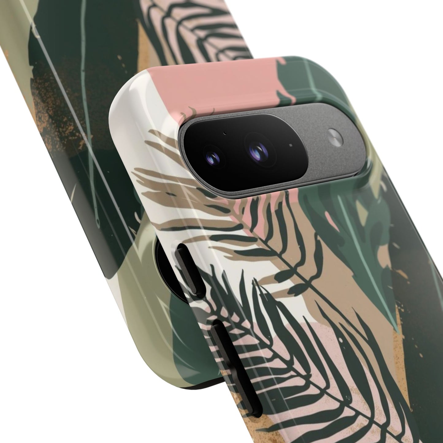 Tropical Leaf Tough Phone Case — Abstract Pink & Green Botanical Protective Cover
