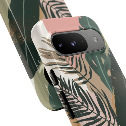 Tropical Leaf Tough Phone Case — Abstract Pink & Green Botanical Protective Cover