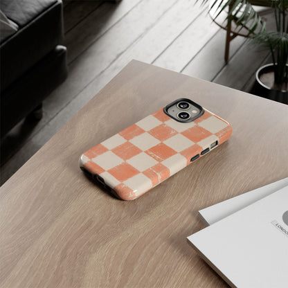 Peach Checkerboard Tough Phone Case — Retro Distressed Grid Design