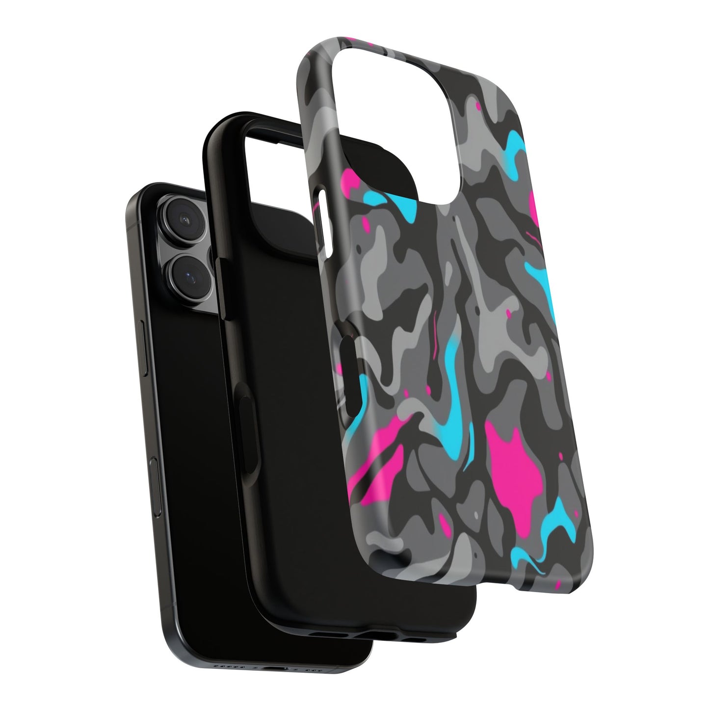 Camouflage Phone Case — Gray Camo with Neon Pink & Cyan Accent Tough Protective Cover