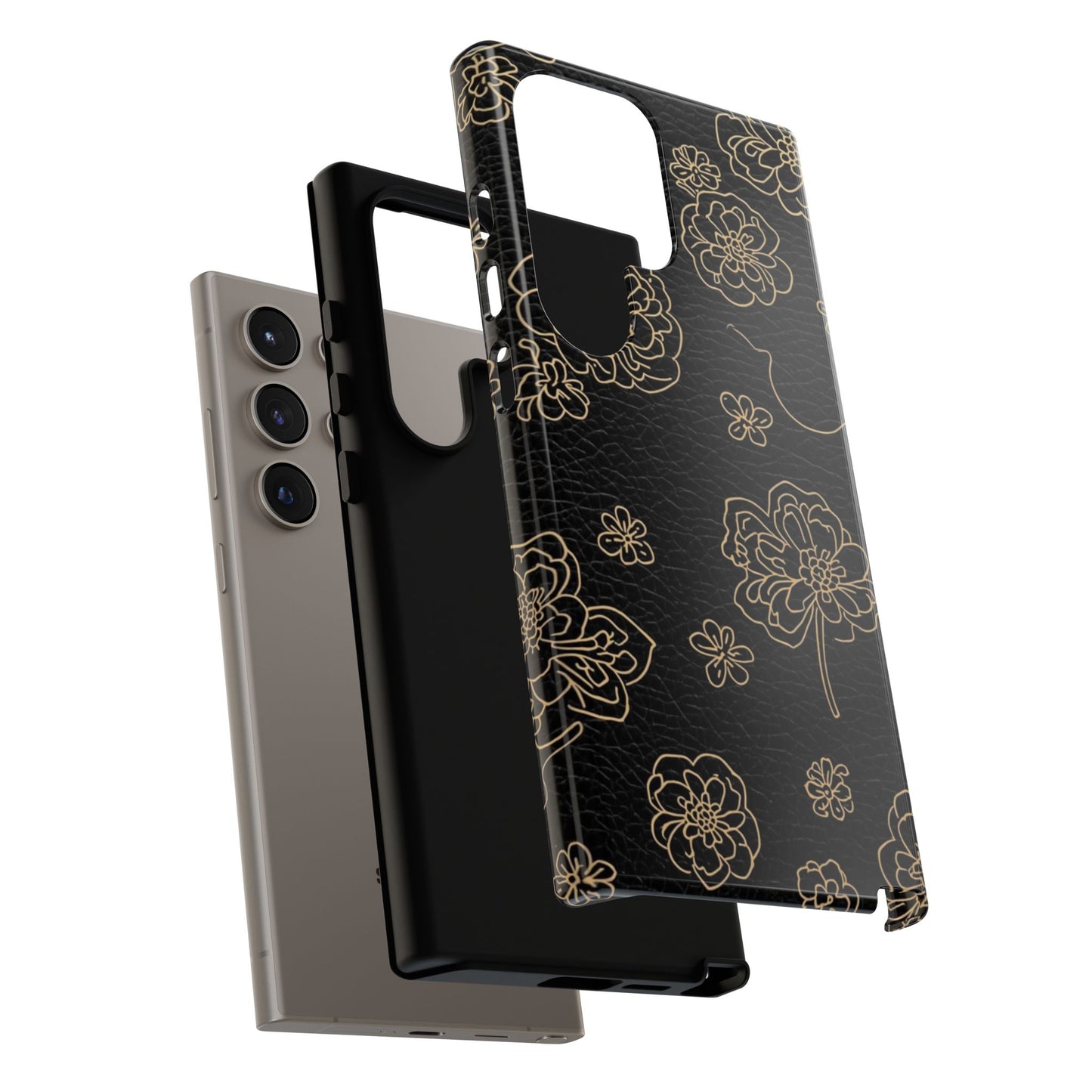 Floral Leather-Texture Tough Case – Black Gold Outline Phone Cover