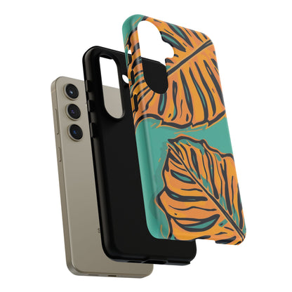 Tropical Leaf Tough Phone Case — Orange Monstera Design on Teal