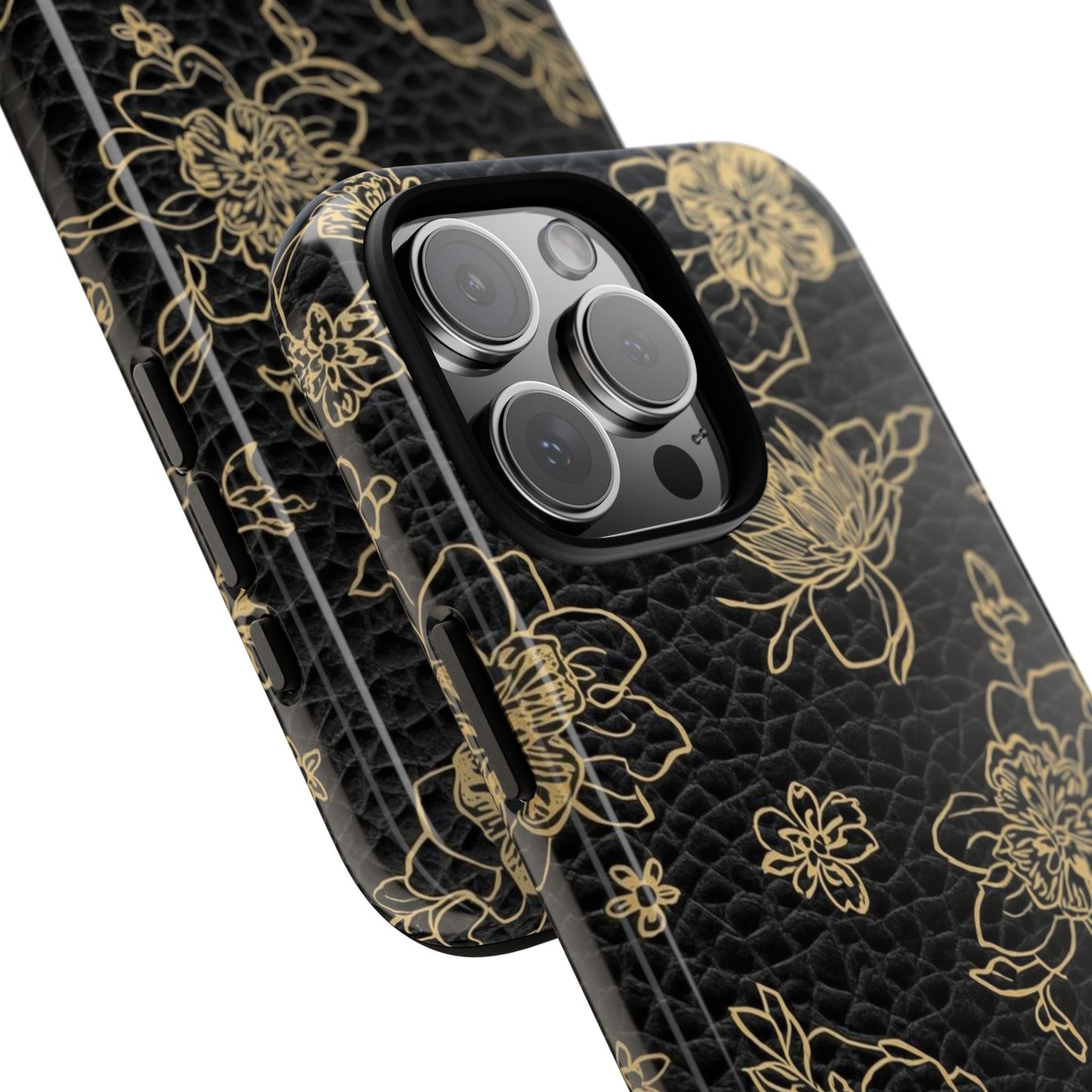 Floral Leather Phone Case — Gold Outline Flowers on Black Tough Case