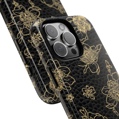 Floral Leather Phone Case — Gold Outline Flowers on Black Tough Case