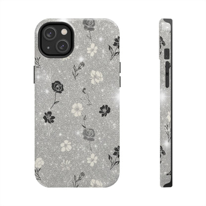 Floral Glitter Tough Phone Case — Black & Silver Vintage Flower Protective Cover