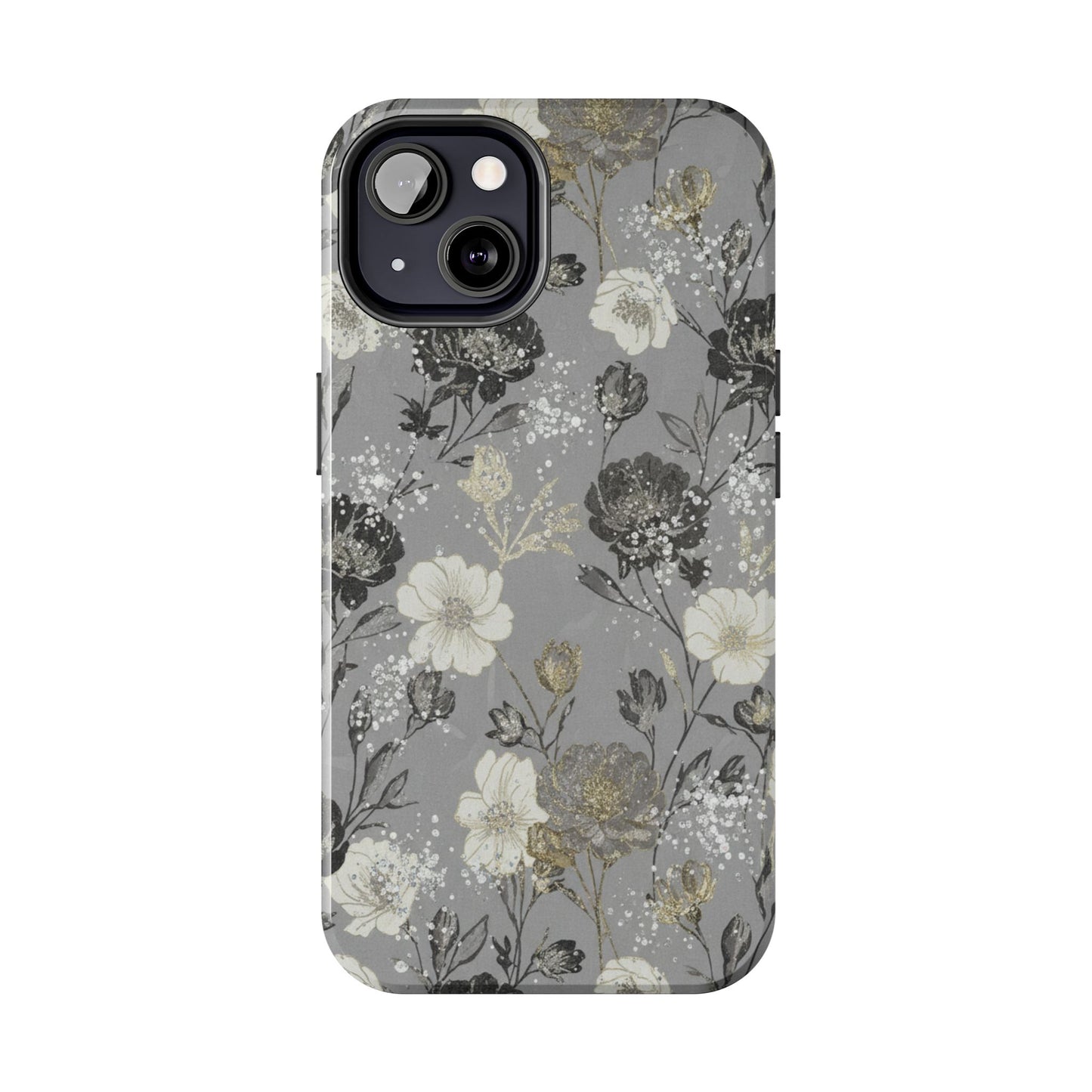 Floral Gray Tough Phone Case — Elegant Protective Phone Cover with Gold Accent