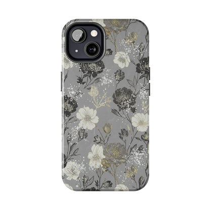 Floral Gray Tough Phone Case — Elegant Protective Phone Cover with Gold Accent