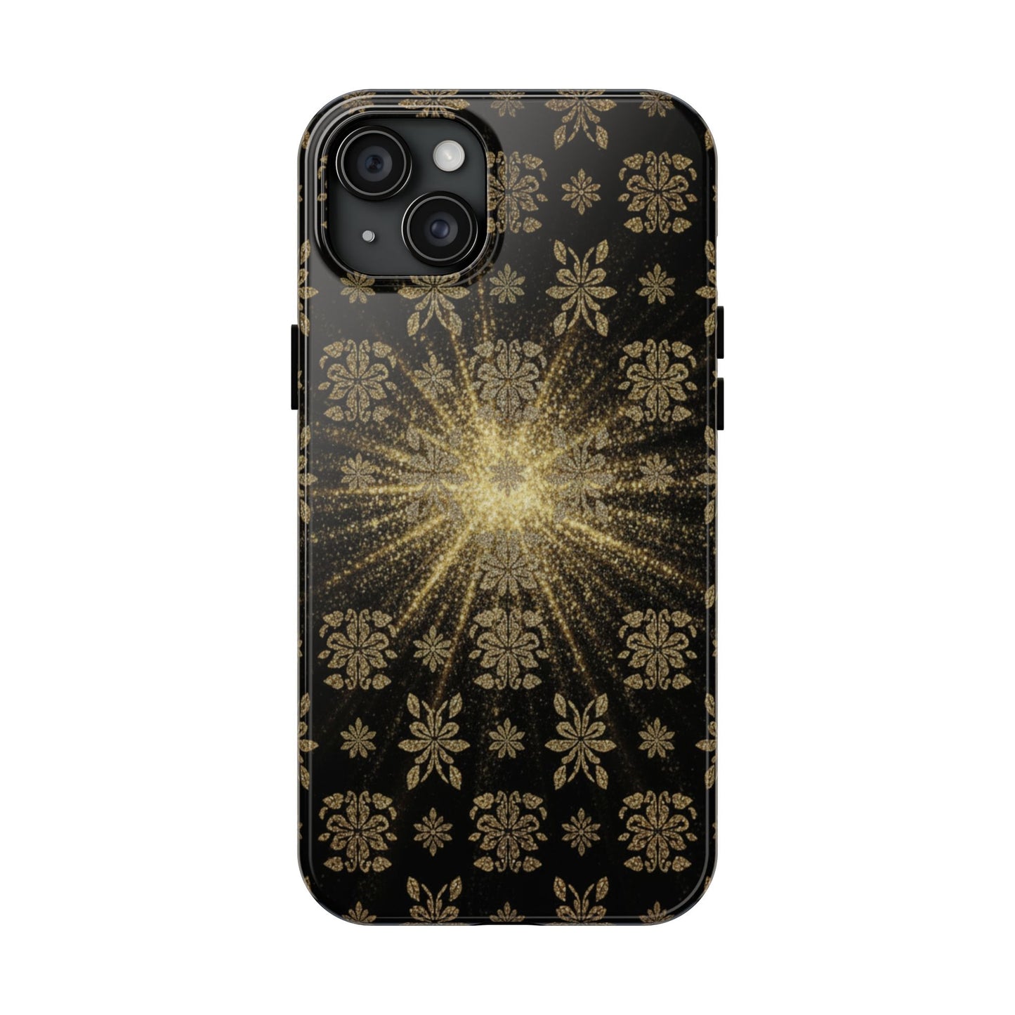 Glitter Burst Tough Phone Case — Black & Gold Floral Protective Cover