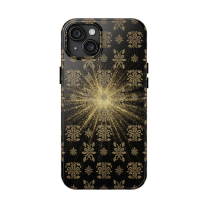 Glitter Burst Tough Phone Case — Black & Gold Floral Protective Cover