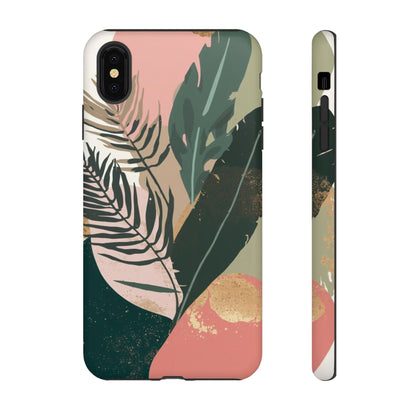 Tropical Leaf Tough Phone Case — Abstract Pink & Green Botanical Protective Cover