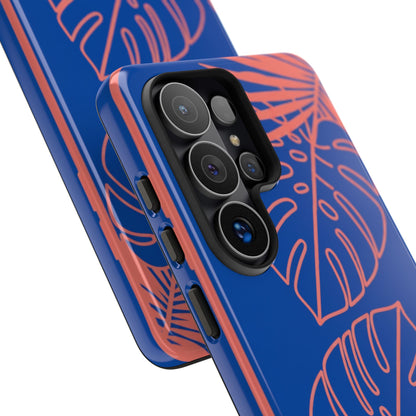 Tropical Monstera Phone Case — Blue & Coral Leaf Protective Cover
