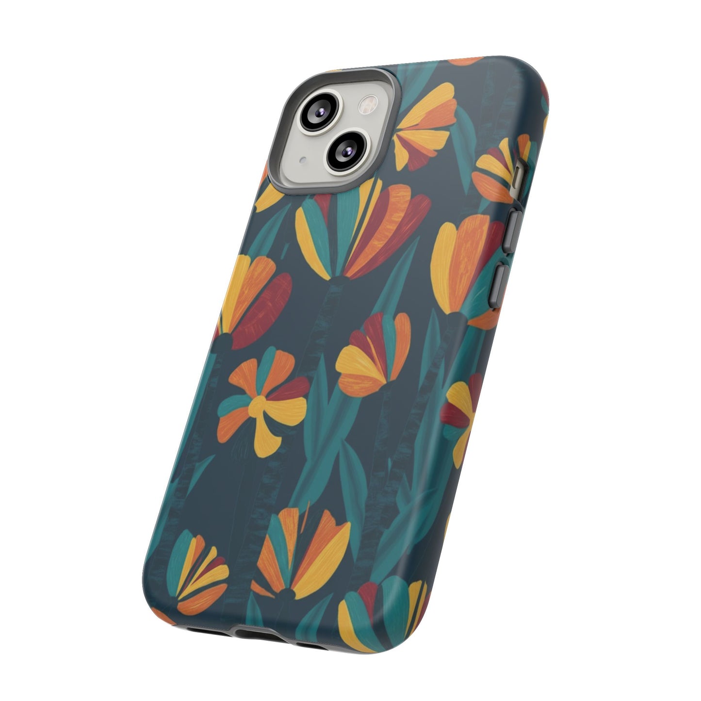 Floral Retro Teal Tough Phone Case — Vibrant Orange & Mustard Blooms