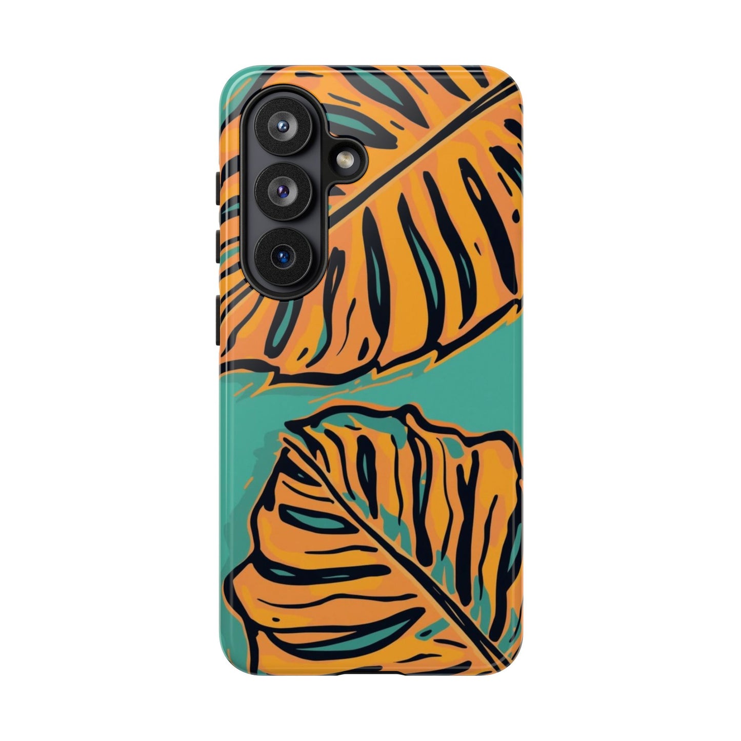 Tropical Leaf Tough Phone Case — Orange Monstera Design on Teal