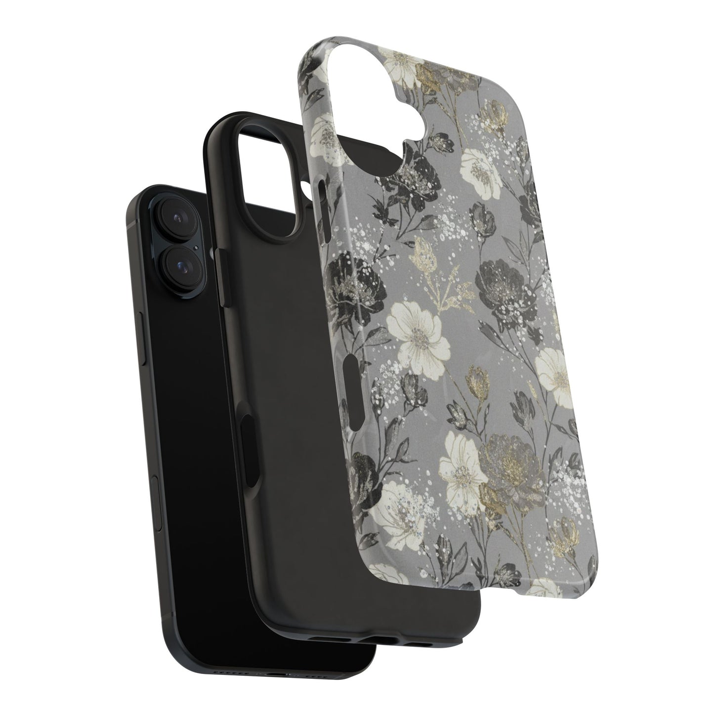 Floral Gray Tough Phone Case — Elegant Protective Phone Cover with Gold Accent