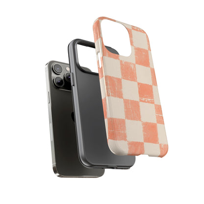 Peach Checkerboard Tough Phone Case — Retro Distressed Grid Design