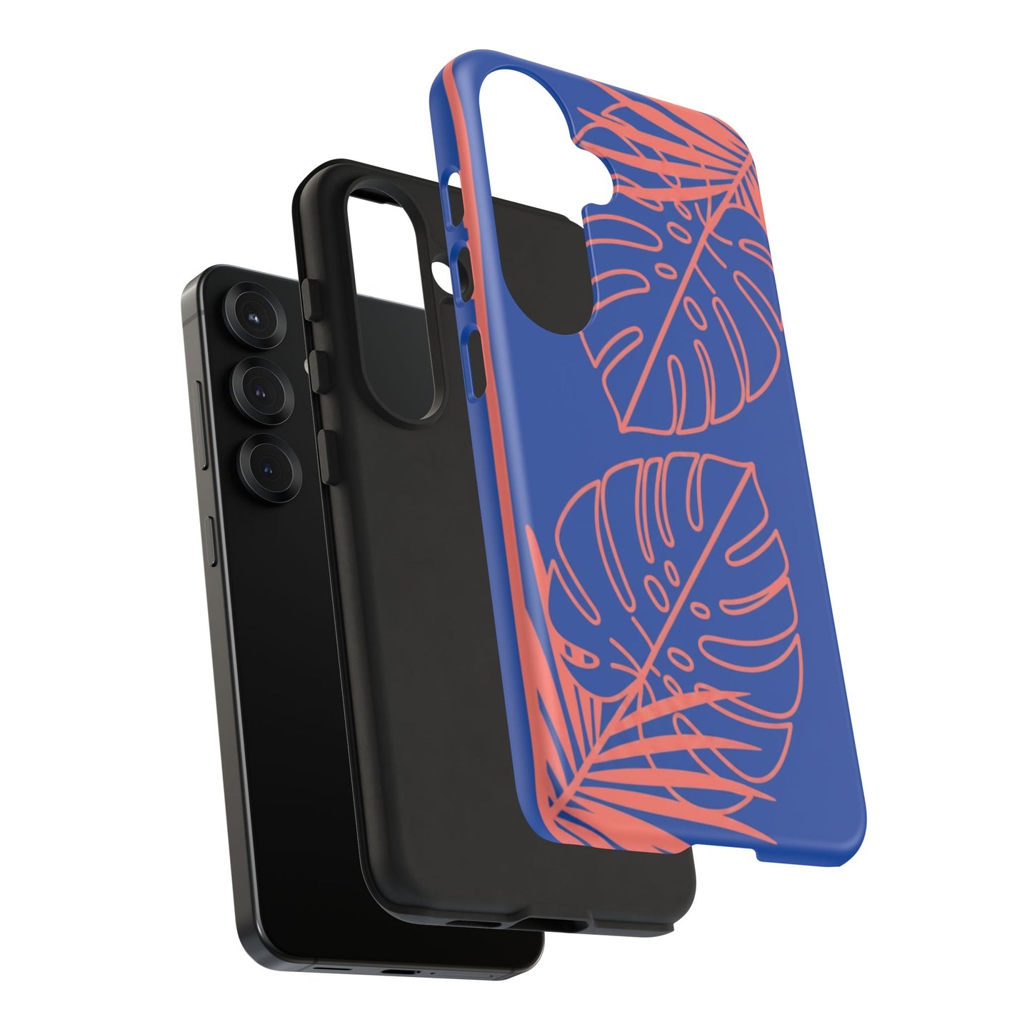 Tropical Monstera Phone Case — Blue & Coral Leaf Protective Cover