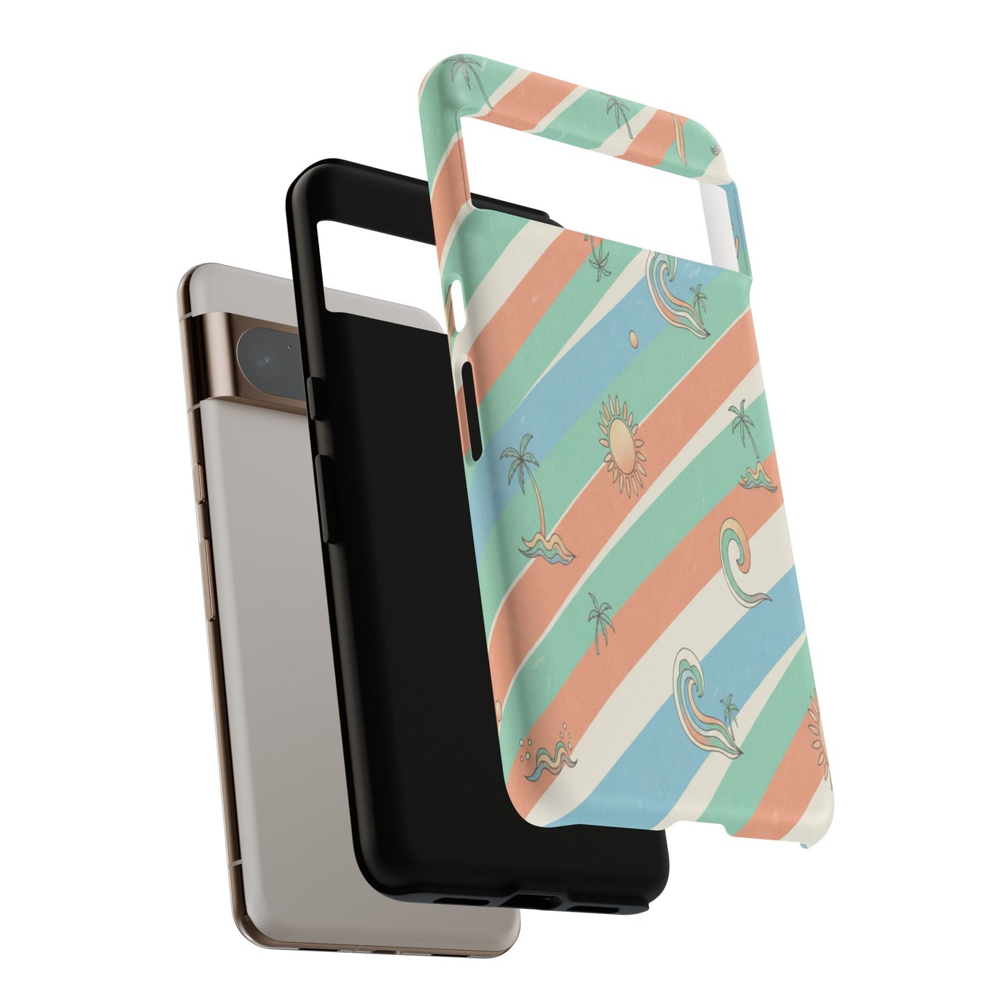Retro Beach Stripes Phone Case — Sun, Waves & Palm Pattern Tough Case