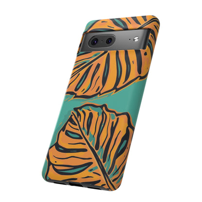 Tropical Leaf Tough Phone Case — Orange Monstera Design on Teal