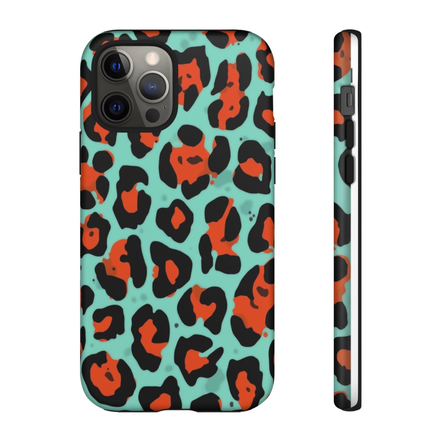 Leopard Print Tough Phone Case — Teal & Rust Protective iPhone Cover