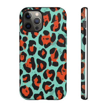Leopard Print Tough Phone Case — Teal & Rust Protective iPhone Cover