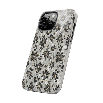 Floral Vintage Tough Phone Case — Black & Gray Rustic Flower Protective Case