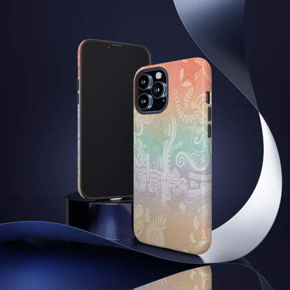 Tough Cases: Pastel Beach Pattern Phone Case — Starfish & Coastal Cityscape Protective Cover
