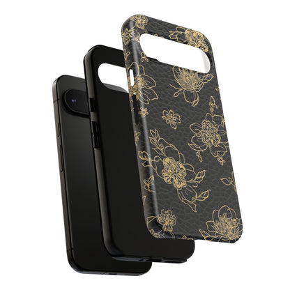 Floral Leather Phone Case — Gold Outline Flowers on Black Tough Case
