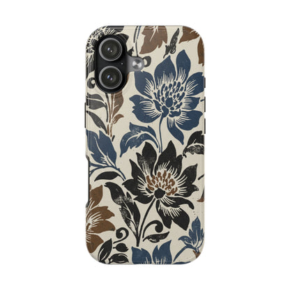 Floral Vintage Tough Phone Case — Blue & Brown Botanical Protection