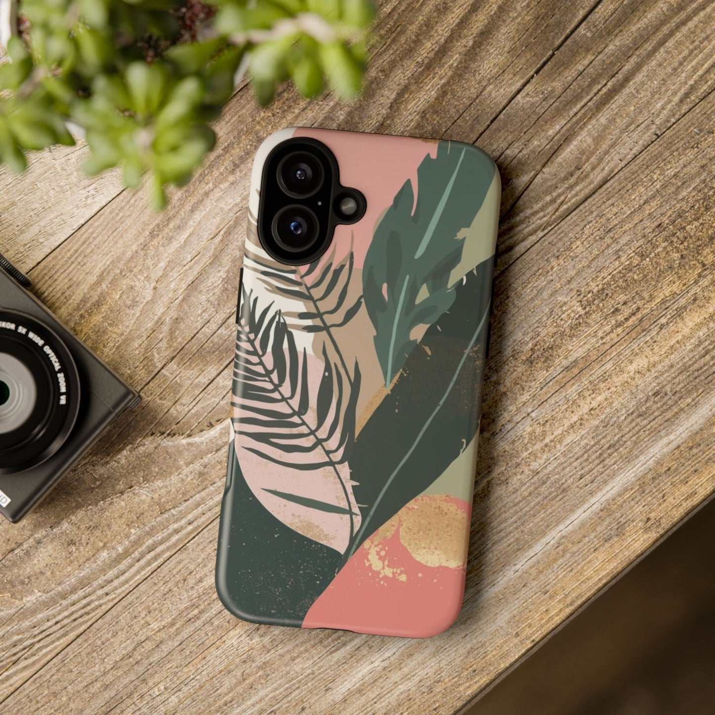 Tropical Leaf Tough Phone Case — Abstract Pink & Green Botanical Protective Cover
