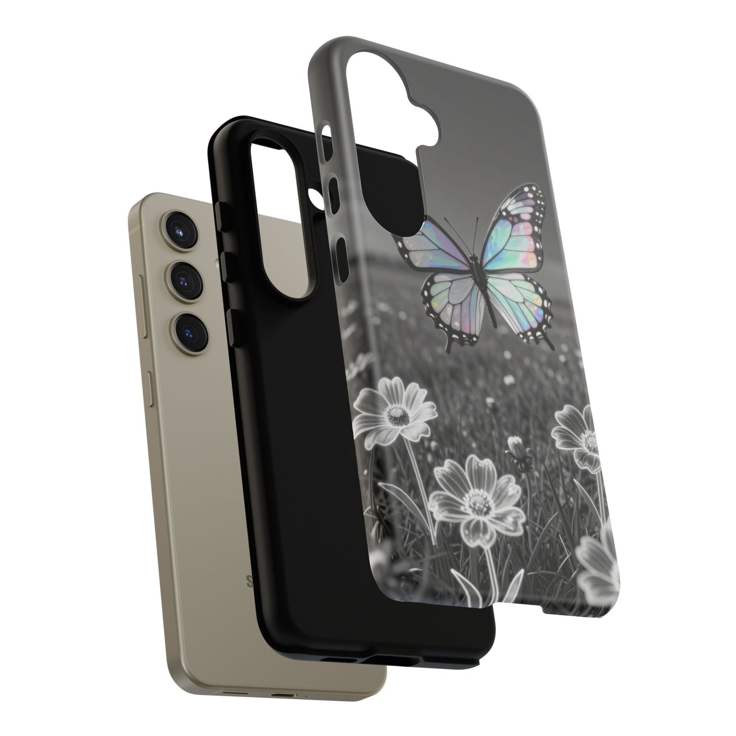 Butterfly Field Tough Phone Case — Pastel Holographic Butterfly on Black & White Floral Background