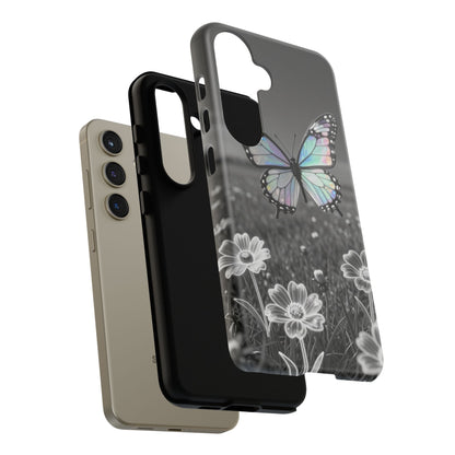 Butterfly Field Tough Phone Case — Pastel Holographic Butterfly on Black & White Floral Background
