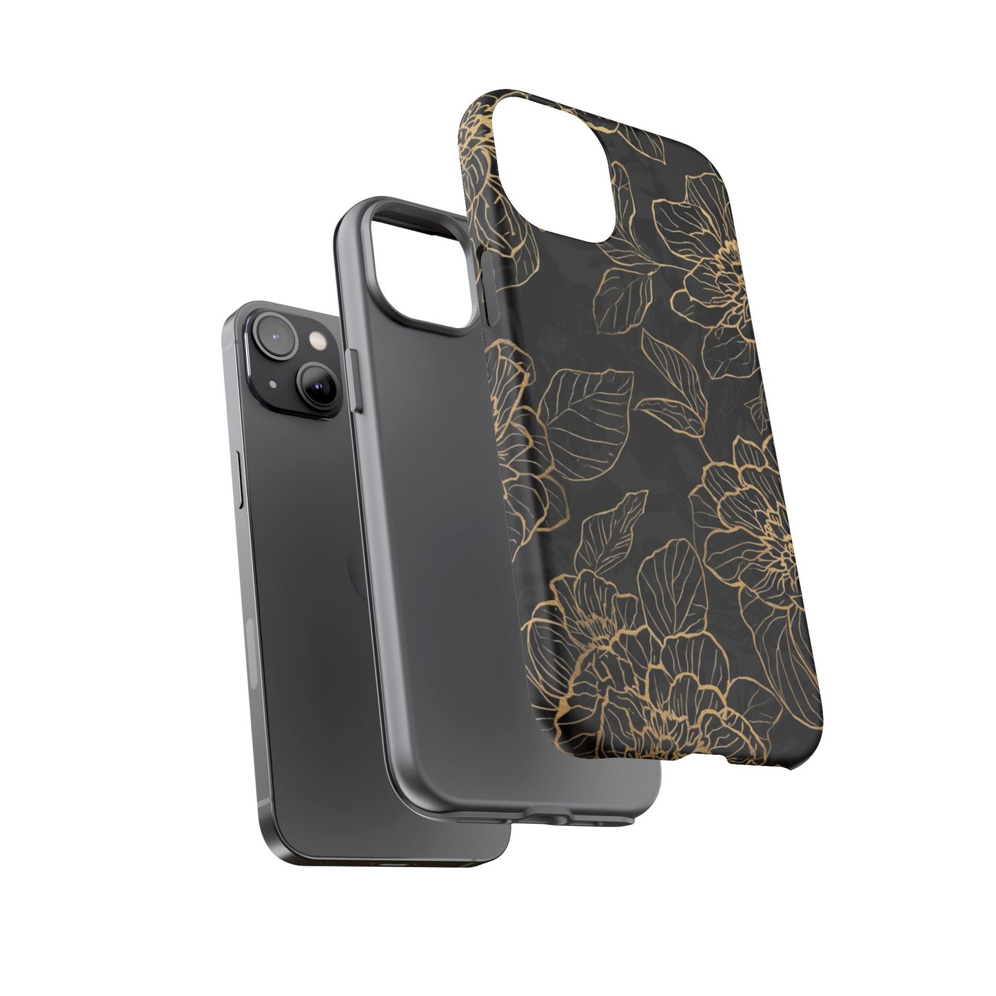 Floral Gold Outline Tough Phone Case – Black Botanical Protective Cover