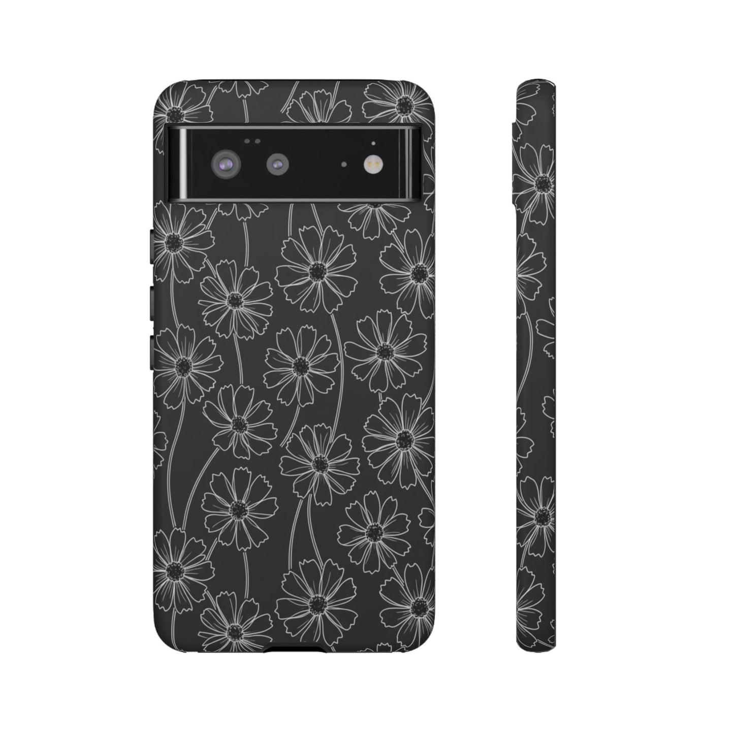 Floral Doodle Tough Phone Case — Black & Gray Daisy Pattern