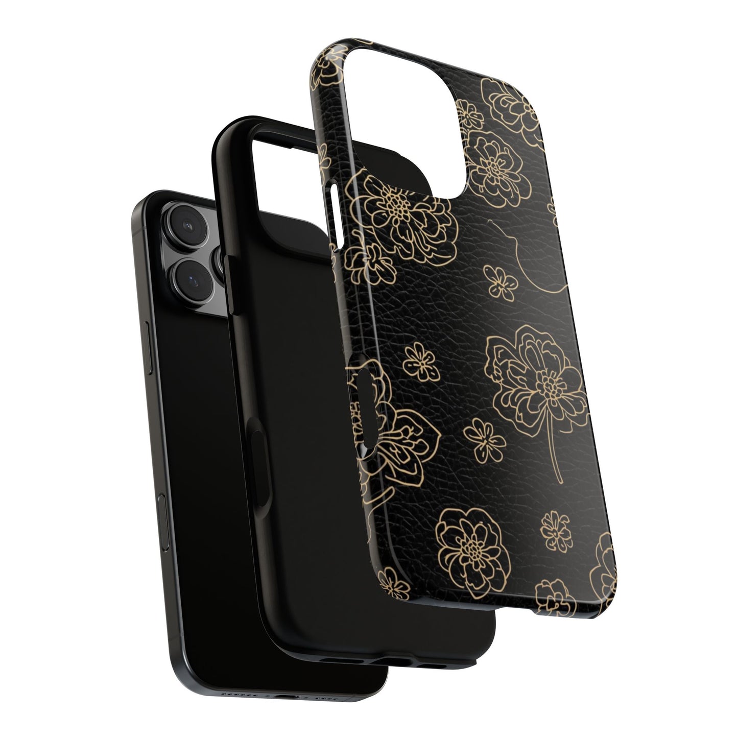 Floral Leather-Texture Tough Case – Black Gold Outline Phone Cover