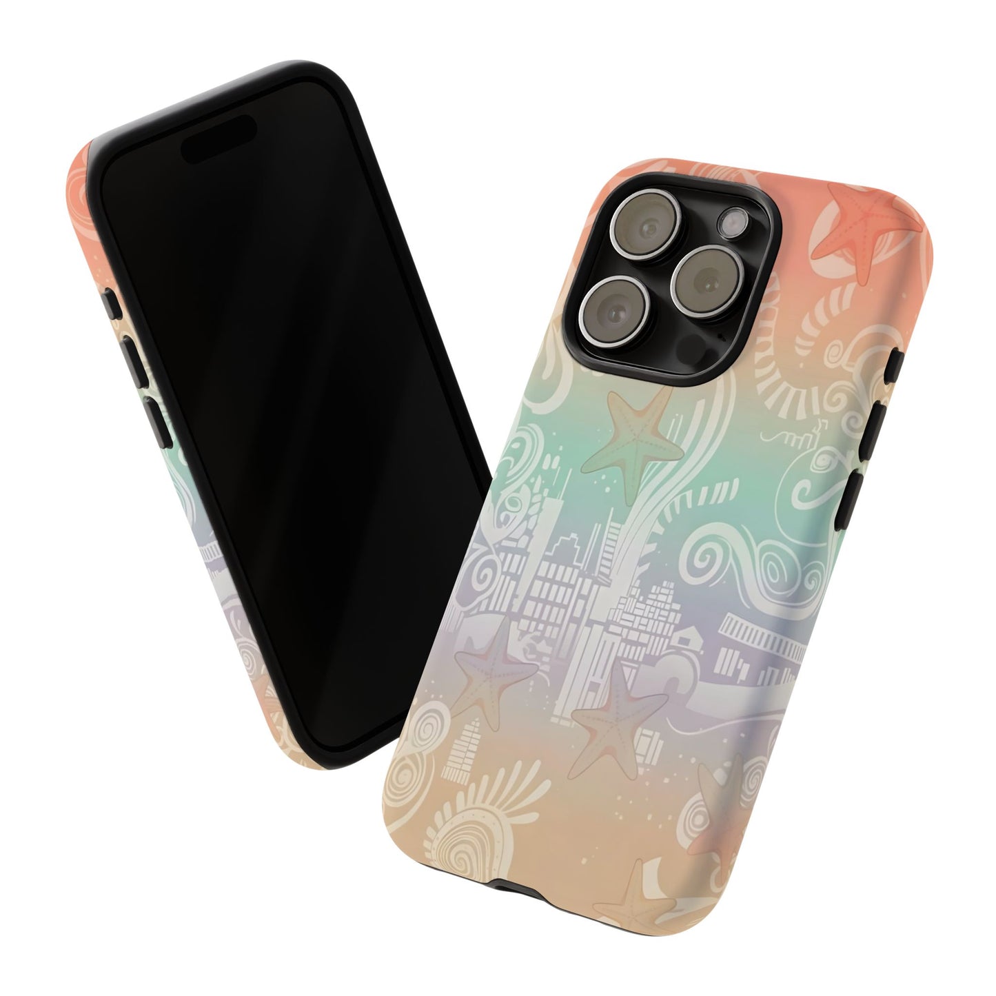 Tough Cases: Pastel Beach Pattern Phone Case — Starfish & Coastal Cityscape Protective Cover