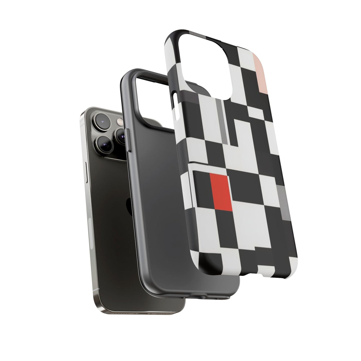 Abstract Geometric Phone Case – Black & White Checker Grid with Red Accent