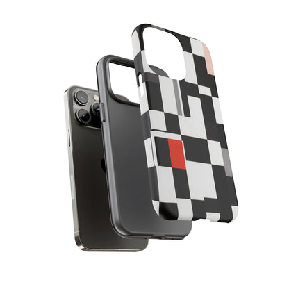 Abstract Geometric Phone Case – Black & White Checker Grid with Red Accent