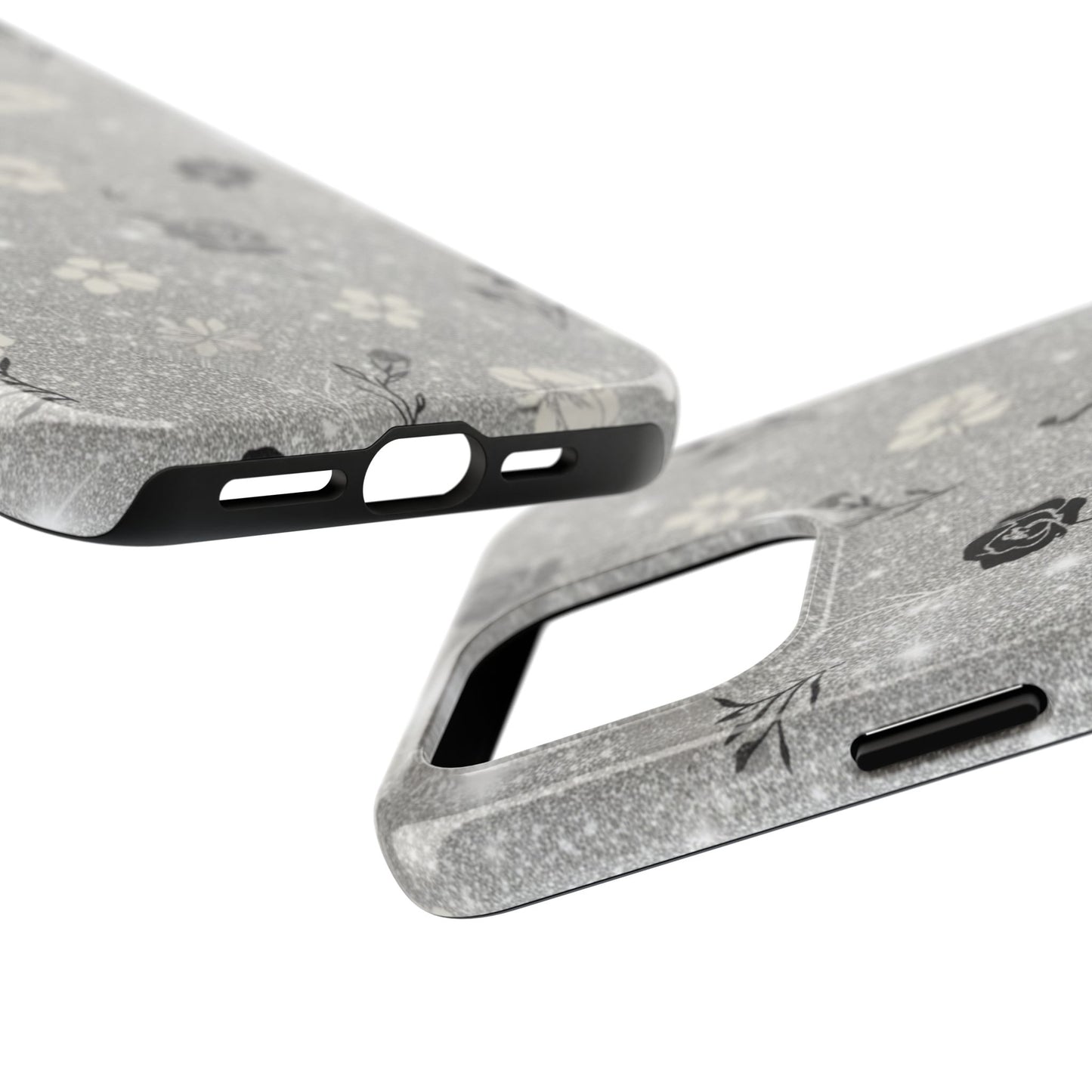 Floral Glitter Tough Phone Case — Black & Silver Vintage Flower Protective Cover