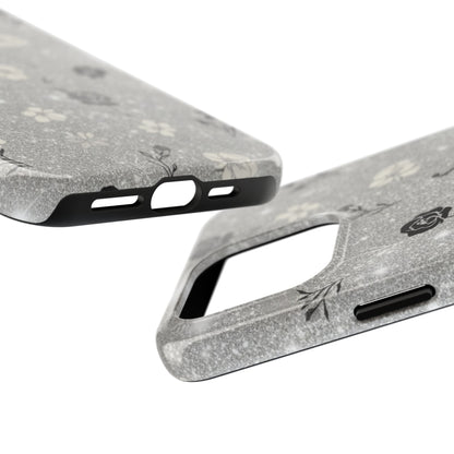 Floral Glitter Tough Phone Case — Black & Silver Vintage Flower Protective Cover