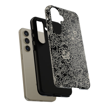 Floral Doodle Tough Phone Case — Black & White Sketch Flower Protective Cover