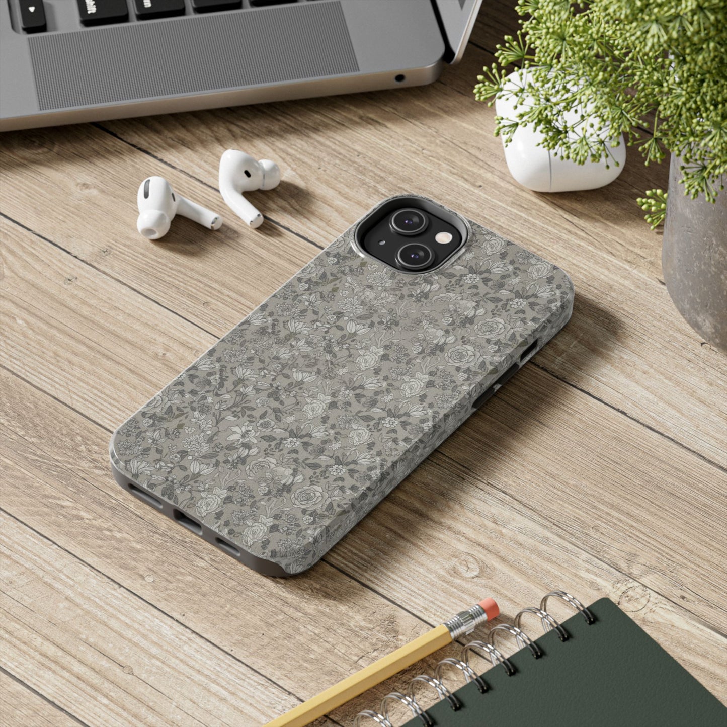 Gray Floral Tough Phone Case — Durable Protective Phone Cover with Vintage Botanical Pattern