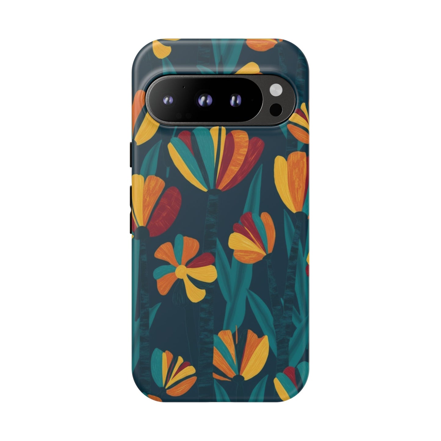Floral Retro Teal Tough Phone Case — Vibrant Orange & Mustard Blooms